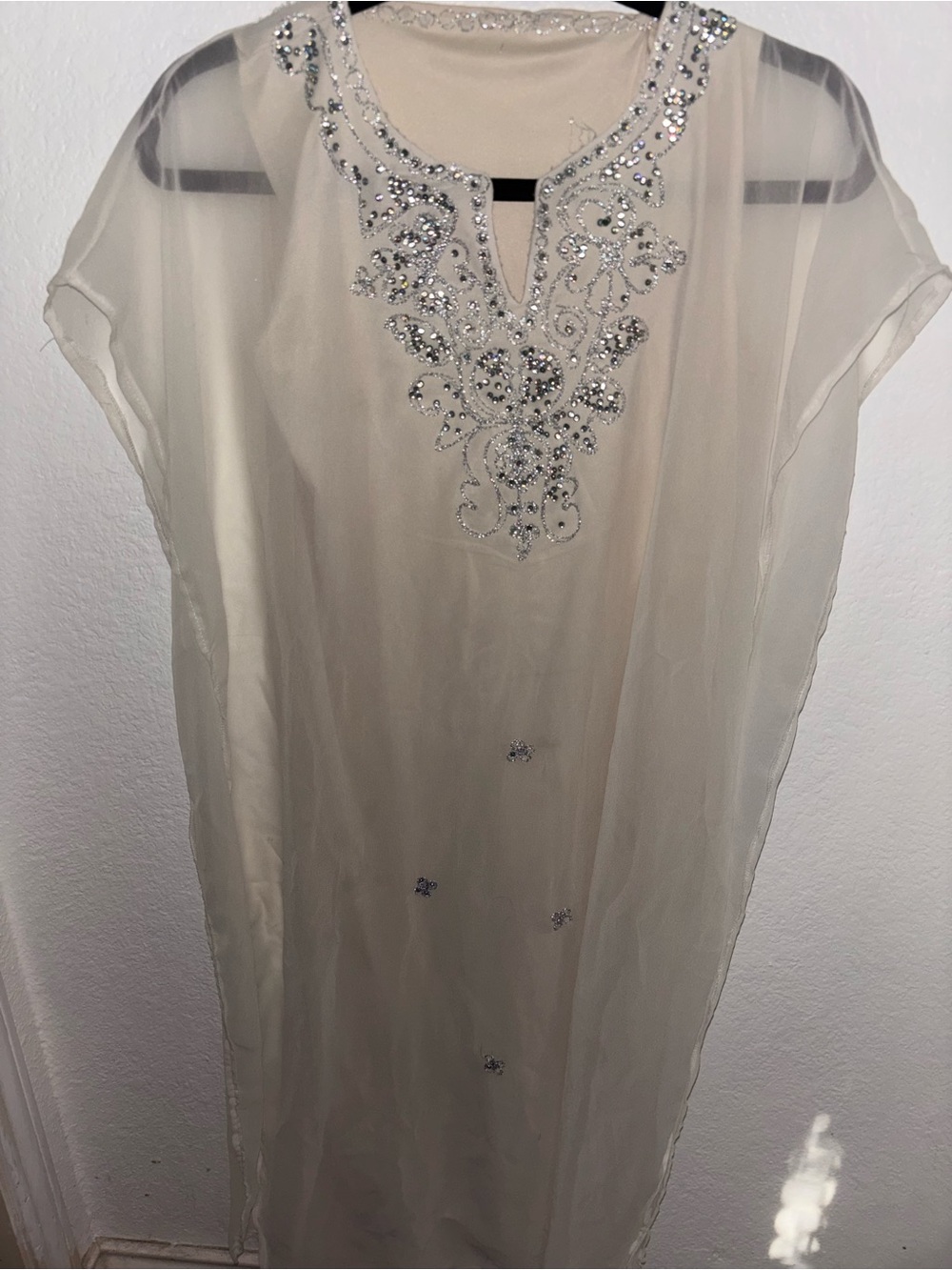 Bridal White Embellished Cream Sheer Women's Kaftan Dress